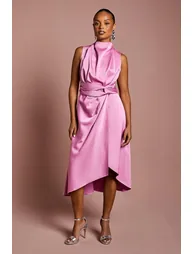 Petite Satin Midi Dress With Twist Waist