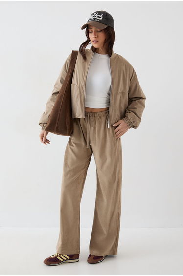 DSGN Studio Faux Suede Padded Zip Through Bomber Jacket - stone