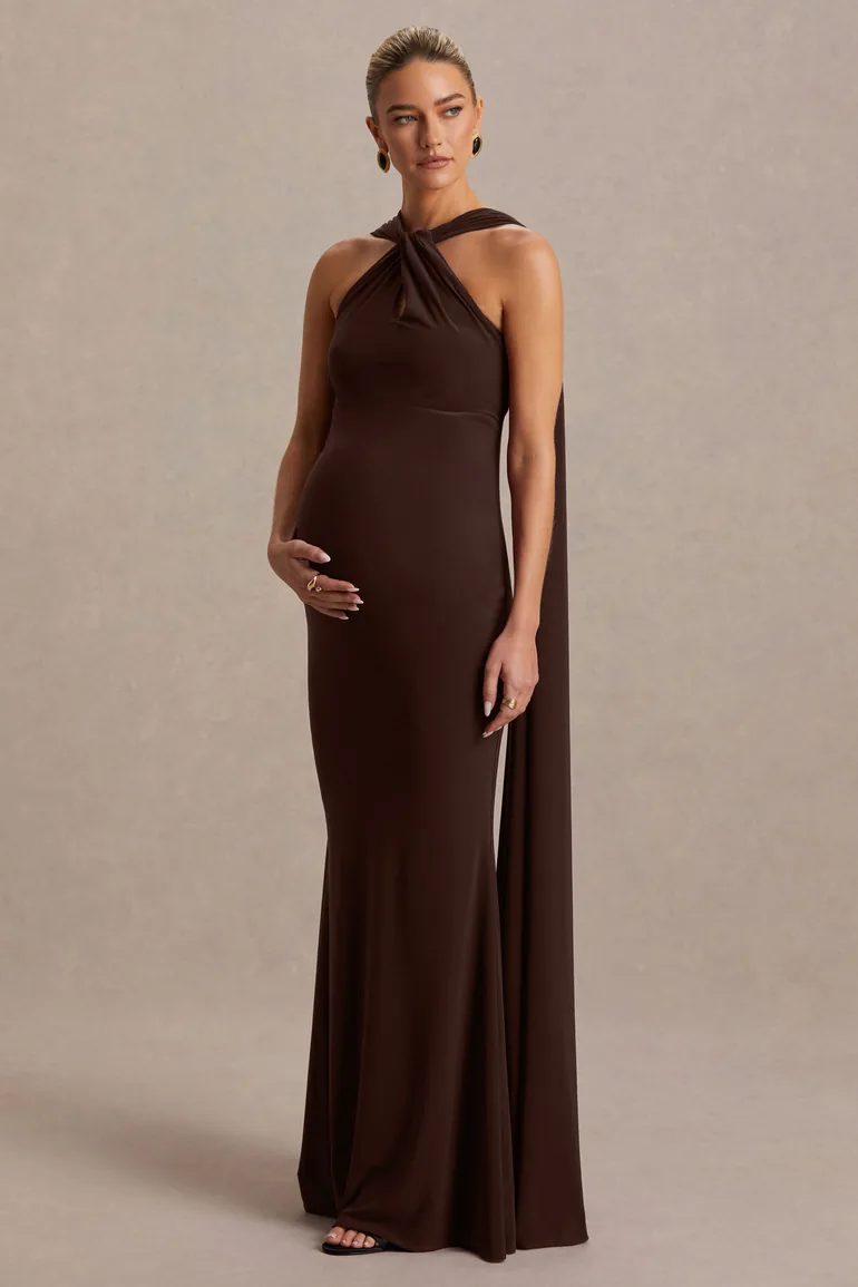 Lyra | Brown Cross Halter-Neck Maternity Maxi Dress With Cape