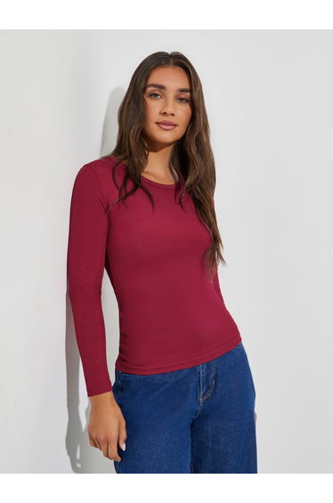 Red Round Neck Ribbed Knit Top