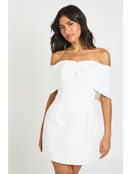 Satin Bow Detail Bardot Mini Dress - ivory - 1