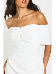 Satin Bow Detail Bardot Mini Dress - ivory - 3