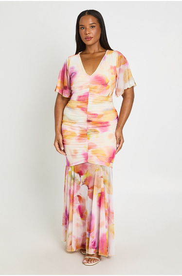 Plus Floral Mesh Ruched Angel Sleeve Maxi Dress - pink