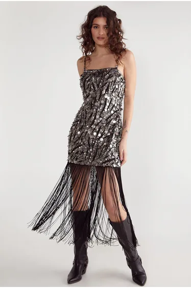 Zebra Hand Embellished Disc Sequin Tassel Mini Dress