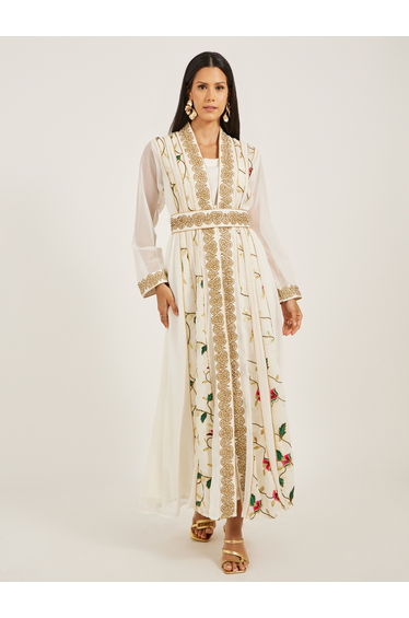 Printed Embroidered Kaftan with Belt Detail