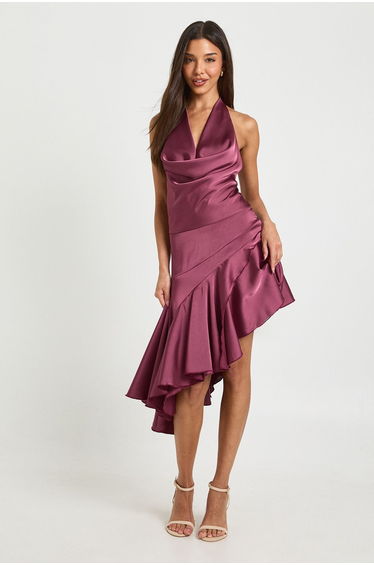 Satin Cowl Neck Asymmetric Hem Mini Dress - dark mauve
