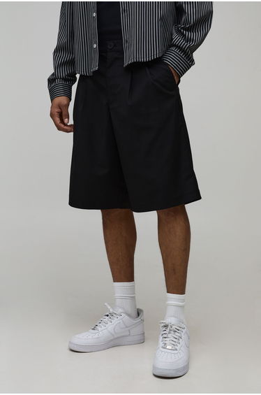 Baggy Fit Pleat Front Smart Longline Short - black