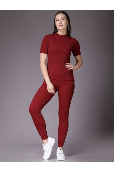 Women Burgundy Ribbed Knit Top and Leggings Co-Ords
