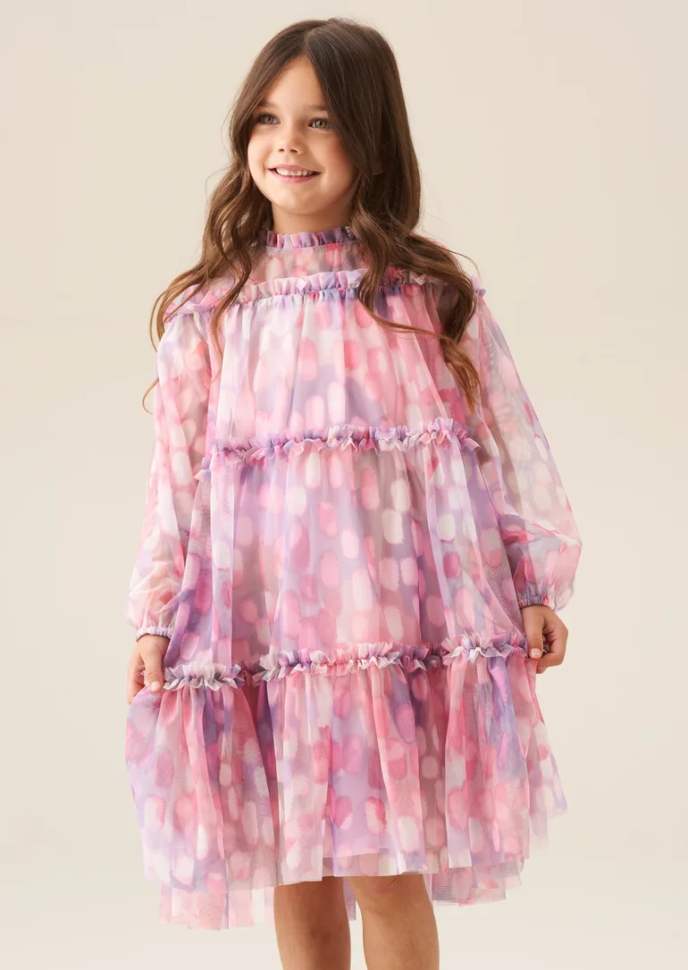 Cara Pink Printed Swing Mesh Dress - Pink - 1