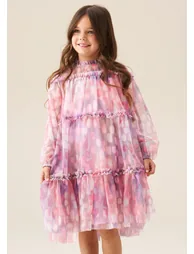 Cara Pink Printed Swing Mesh Dress - Pink - 1