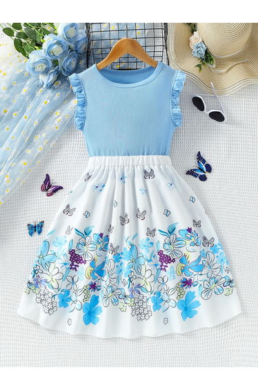 Girls Blue Ruffled Detail Top and Printed Skirt Set
