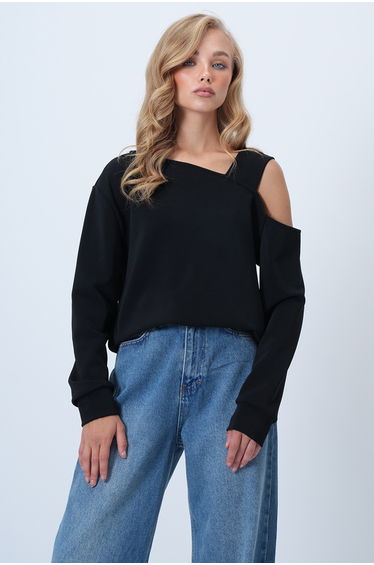 Women's Black Asymmetric Cut Shoulder Band Detailed Knitted Blouse