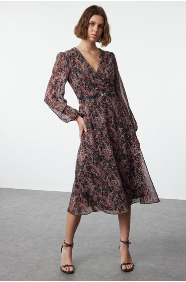 Brown Floral Belted A-Line Midi Double Breasted Collar Patterned Chiffon Woven Dress
