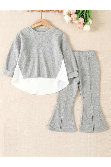 Girls Grey Color Block Sweatshirt and Flare Pants Set