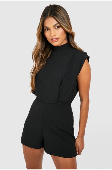 Tailored Pleat Detail Tie Waist Playsuit - black