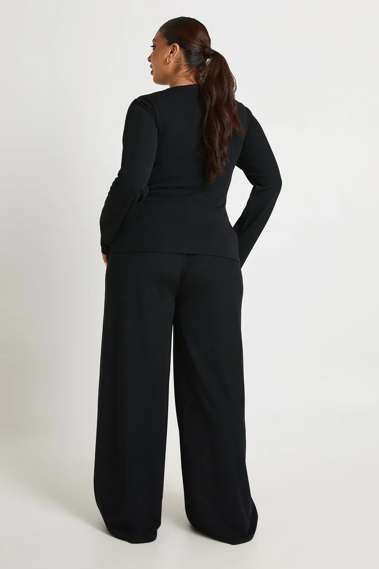 Plus Rib Button Through Long Sleeve Top & Trouser Co Ord - black - 1
