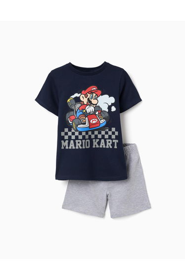 Short Sleeve Cotton Pyjamas With Mario Kart Print For Boys Blue Grey