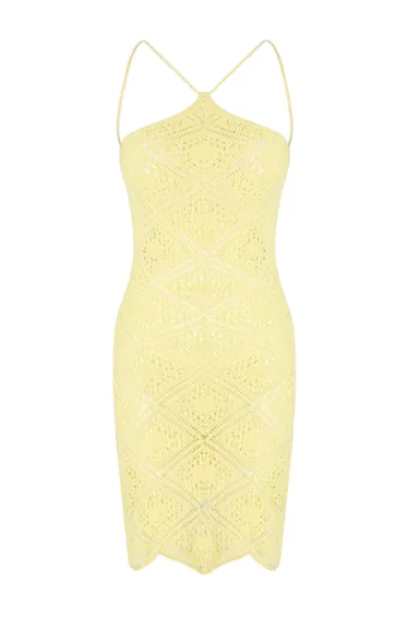 Yellow Knitted Mini Halter Neck Beach Dress