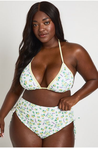 Plus Lemon Print High Waisted Triangle Bikini Set - lemon