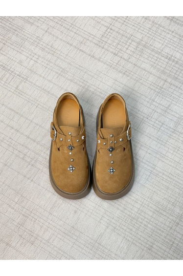 Women Tan Embellished Suede Loafers