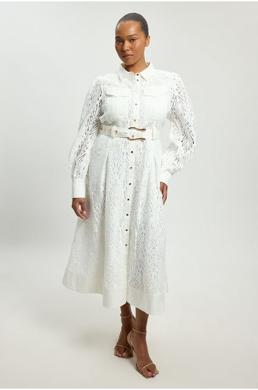 Plus Size Cotton Cutwork Woven Shirt Midi Dress