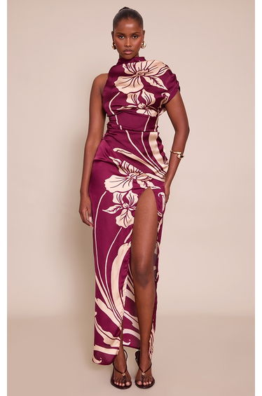 Wine Printed Satin Split Maxi Skirt