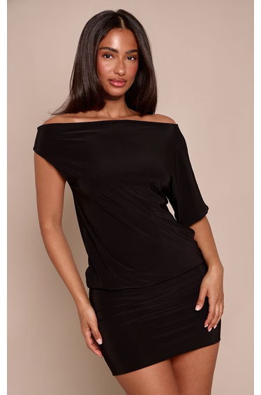 Petite Black One Shoulder Fitted Hem Slinky Mini Dress