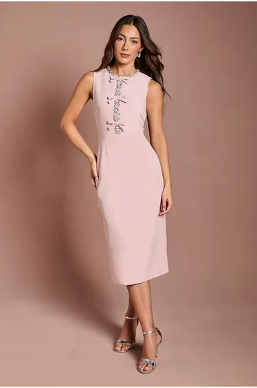 فستان ميدي كريب بفيونكة بأحجار لامعة بلا أكمام