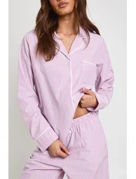 Cotton Poplin Pinstripe Long Sleeve Shirt & Trouser Pyjama Set - pink - 1