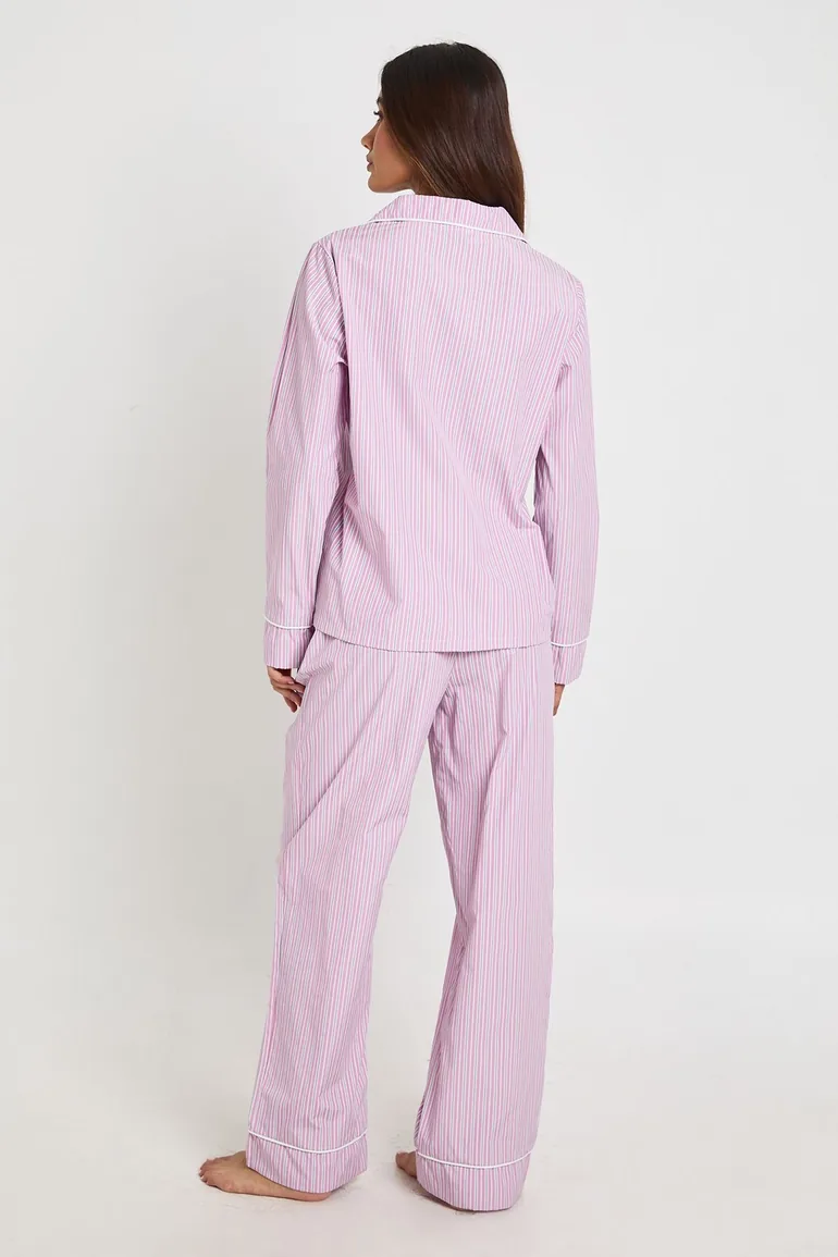 Cotton Poplin Pinstripe Long Sleeve Shirt & Trouser Pyjama Set - pink - 2