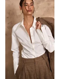 PLT Label White Oversized Collar Button Down Fitted Shirt