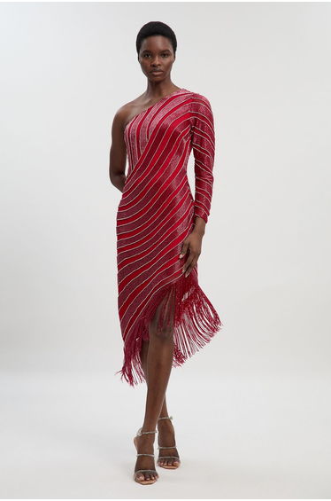 Petite Thigh high Split Embellished Woven Fringed Midi Dress