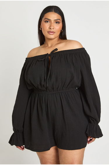 Plus Milkmaid Tie Front Playsuit - black