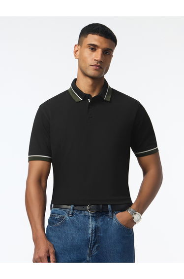 Black Contrast Tipping Cotton Pique Polo