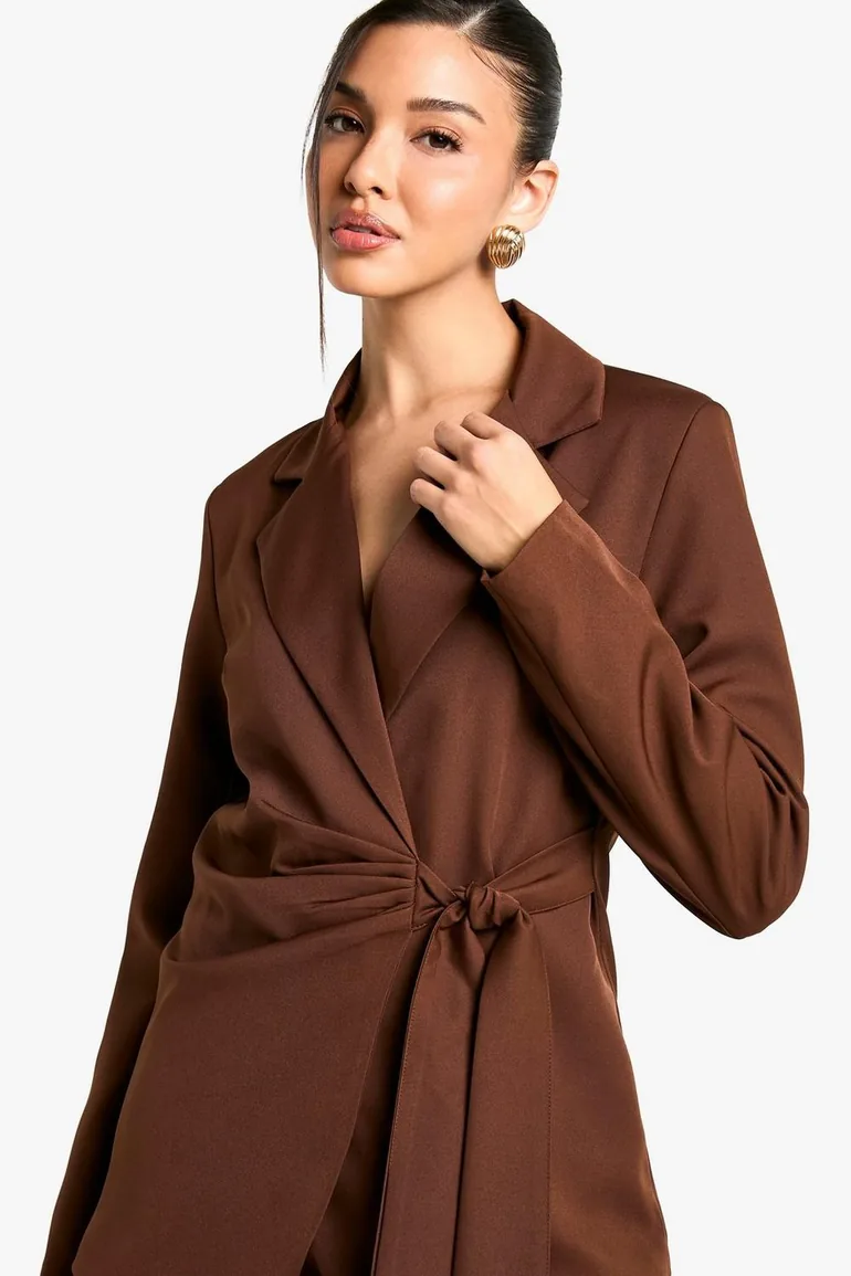 Woven Wrap Tie Detail Blazer - chocolate - 1