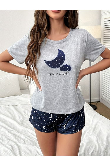 Grey Moon Star Graphic T-Shirt and Shorts Set