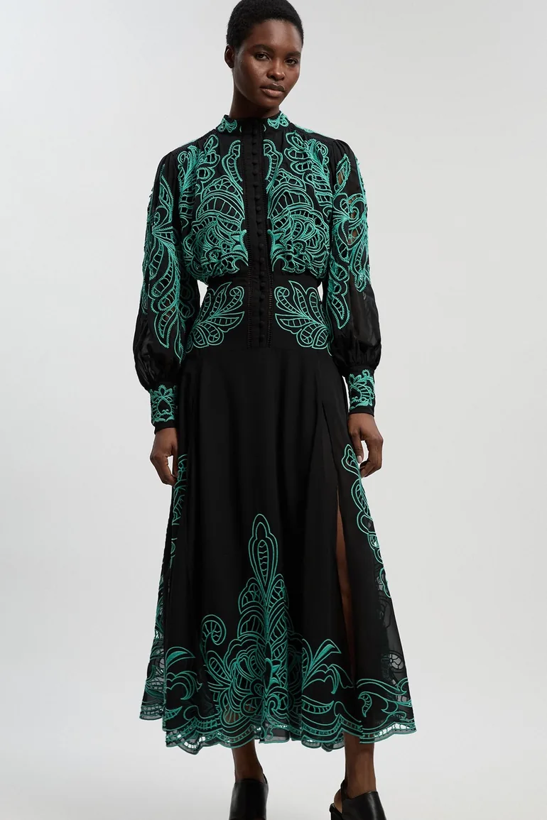 Cutwork Beaded Embroidered Woven Maxi Dress