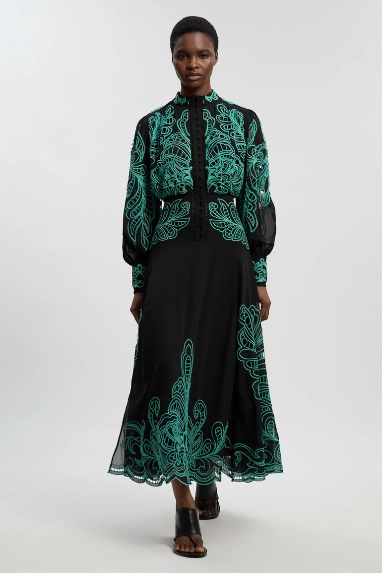 Cutwork Beaded Embroidered Woven Maxi Dress - 1