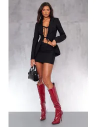Black Tailored Woven Tie Front Longline Blazer - 2