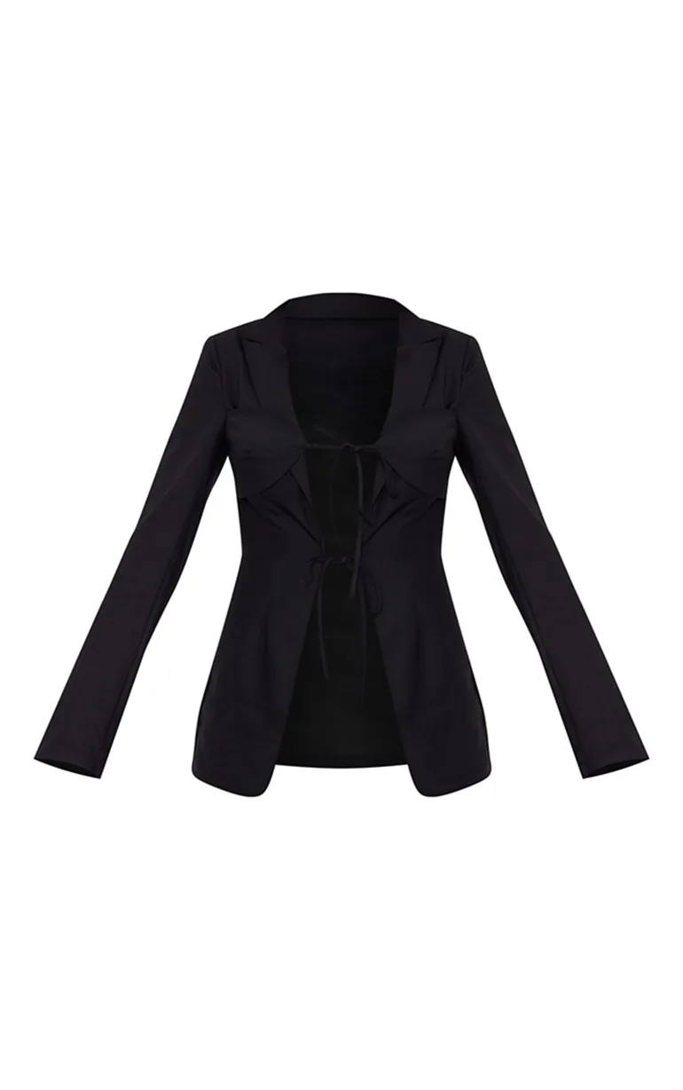 Black Tailored Woven Tie Front Longline Blazer - 4