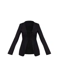 Black Tailored Woven Tie Front Longline Blazer - 4