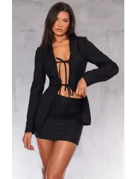 Black Tailored Woven Tie Front Longline Blazer