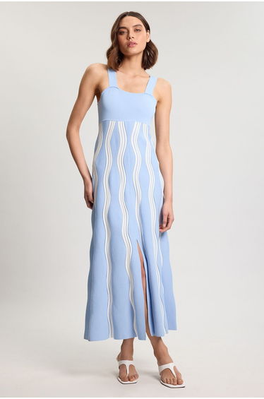 Contrast Wave Knit A-Line Knitted Strappy Dress