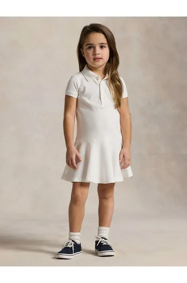 فستان بولو بناتي قطن لون أبيض