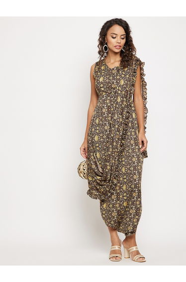 Floral Print Dhoti Jumpsuit with Attached Dupatta