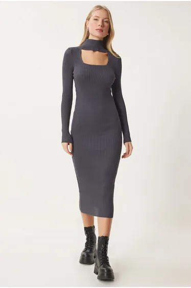 Women's Smoke Cut Out Detailed Stand Collar Ribbed Knit Dress