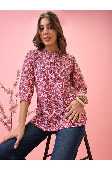 Pink Tie-Up Neck Ethnic Print Workwear Tunic