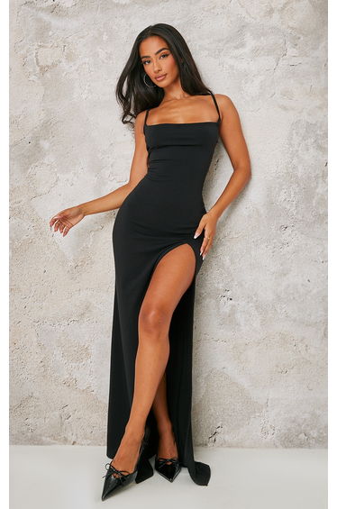 Petite Black Jersey Cowl Neck Slit Detail Maxi Dress