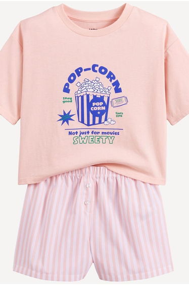 Popcorn and Stripes Print Cotton Short Pyjamas