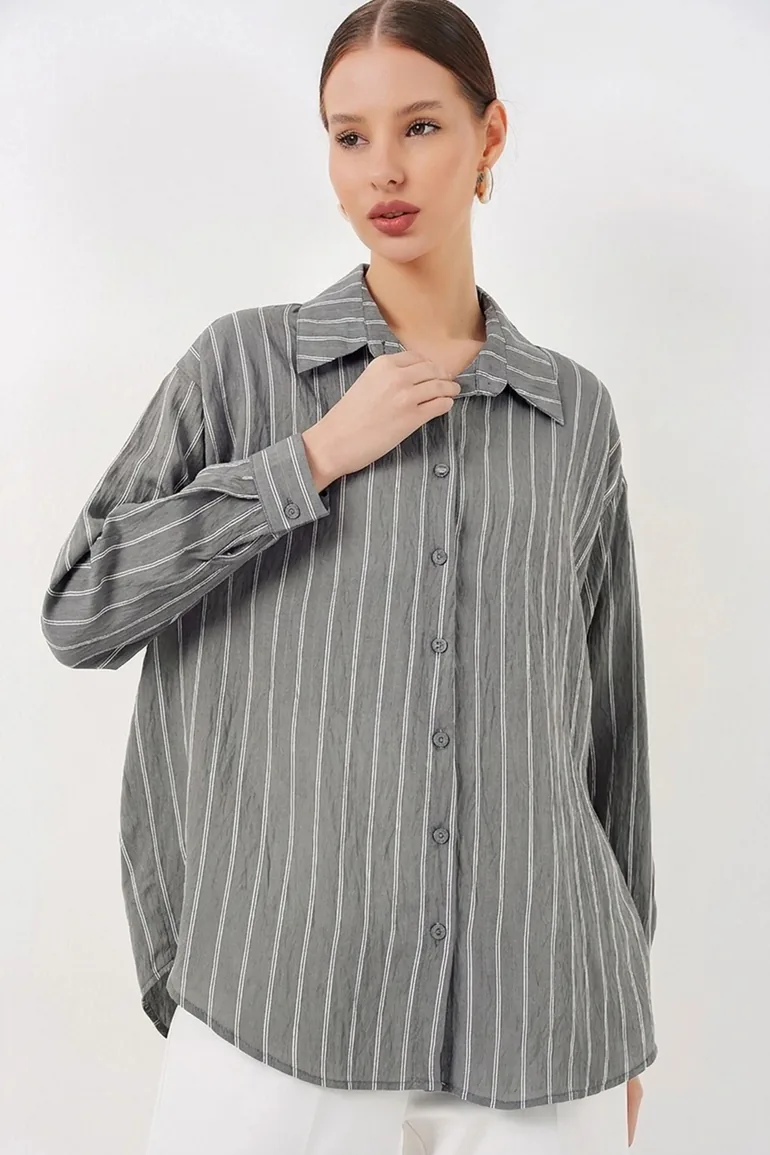 BDART Textured Striped Oversized Shirt with Button Closure